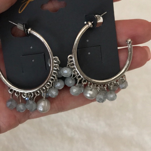 Grey Crystal and GENUINE Pearl Hoop Earrings - Picture 4 of 6